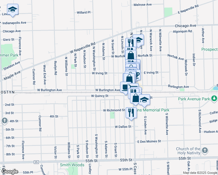 map of restaurants, bars, coffee shops, grocery stores, and more near 120 West Burlington Avenue in Westmont