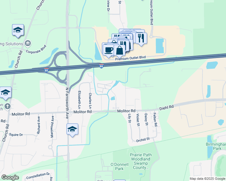 map of restaurants, bars, coffee shops, grocery stores, and more near 1925 Tall Oaks Drive in Aurora