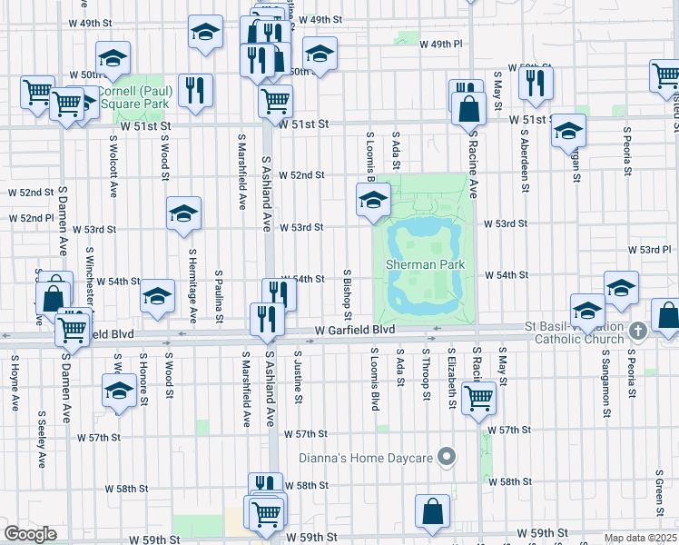 map of restaurants, bars, coffee shops, grocery stores, and more near 5356 South Bishop Street in Chicago