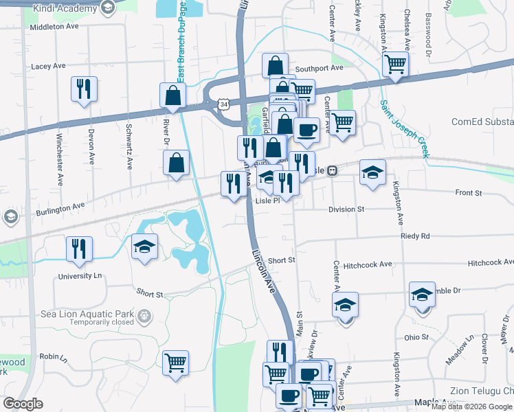 map of restaurants, bars, coffee shops, grocery stores, and more near 1209 Lisle Place in Lisle