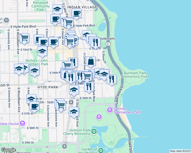 map of restaurants, bars, coffee shops, grocery stores, and more near 5471 South Hyde Park Boulevard in Chicago