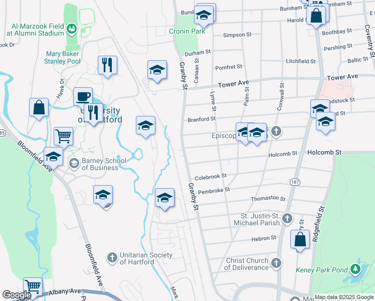 map of restaurants, bars, coffee shops, grocery stores, and more near 304 Granby Street in Hartford