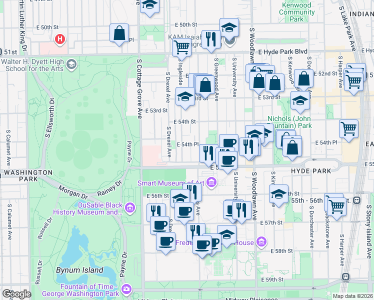 map of restaurants, bars, coffee shops, grocery stores, and more near 5455 South Ingleside Avenue in Chicago