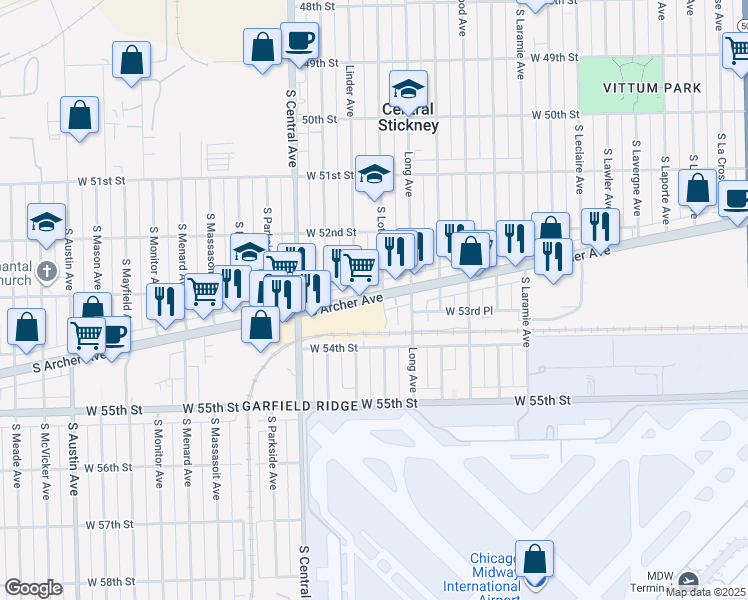 map of restaurants, bars, coffee shops, grocery stores, and more near 5829 South Archer Avenue in Chicago