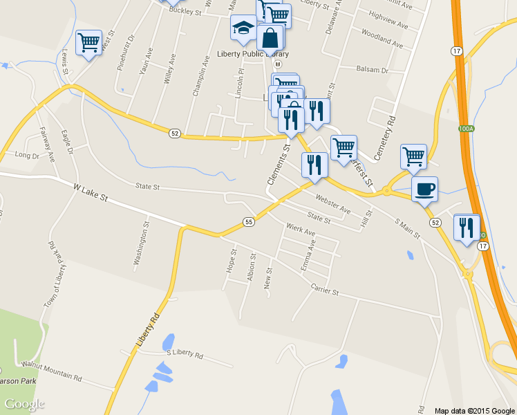 map of restaurants, bars, coffee shops, grocery stores, and more near 75 Lake Street in Liberty