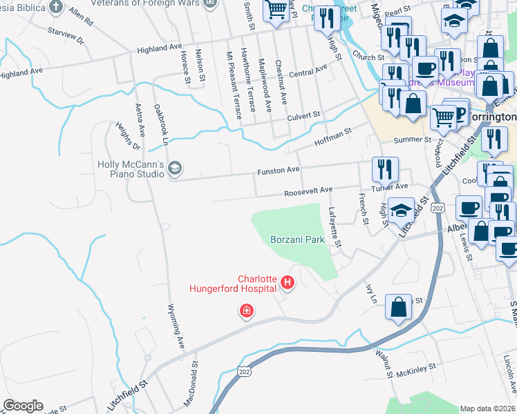 map of restaurants, bars, coffee shops, grocery stores, and more near 233 Roosevelt Avenue in Torrington