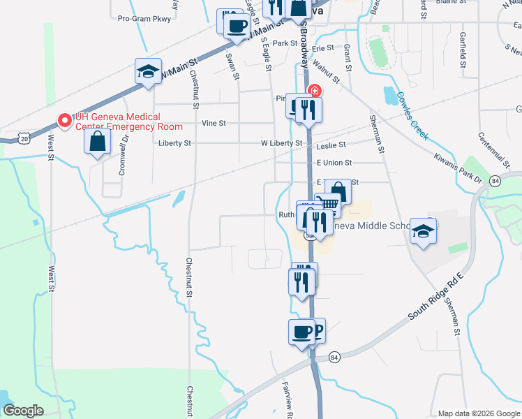 map of restaurants, bars, coffee shops, grocery stores, and more near 596 S Eagle St in Geneva