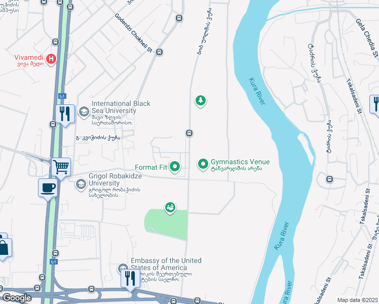 map of restaurants, bars, coffee shops, grocery stores, and more near ბობ უოლშის ქუჩა in T'bilisi