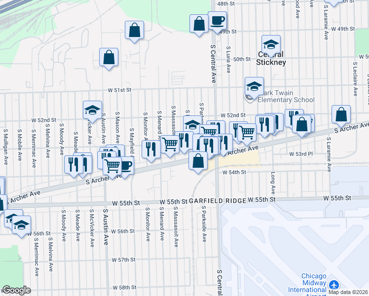 map of restaurants, bars, coffee shops, grocery stores, and more near 5310 South Major Avenue in Chicago