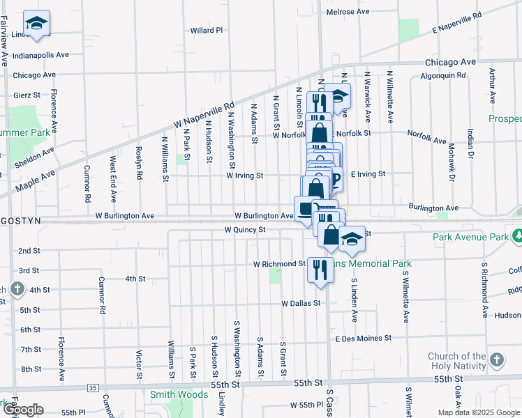 map of restaurants, bars, coffee shops, grocery stores, and more near 120 West Burlington Avenue in Westmont
