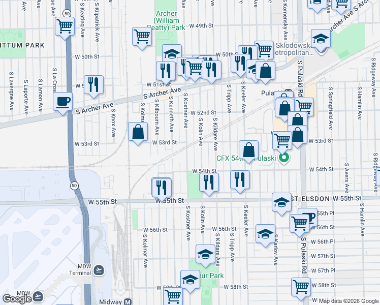 map of restaurants, bars, coffee shops, grocery stores, and more near 5308 South Kostner Avenue in Chicago