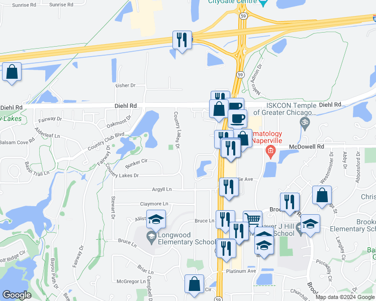 map of restaurants, bars, coffee shops, grocery stores, and more near 1616 Country Lakes Drive in Naperville