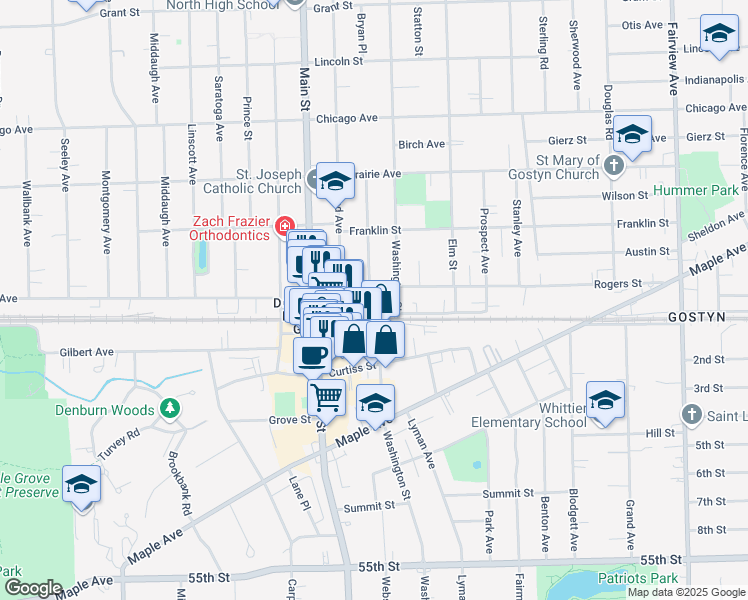 map of restaurants, bars, coffee shops, grocery stores, and more near 928 Warren Avenue in Downers Grove