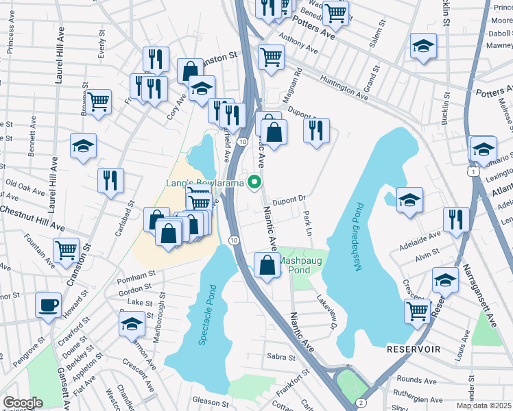 map of restaurants, bars, coffee shops, grocery stores, and more near 245 Niantic Avenue in Cranston