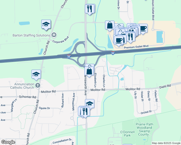 map of restaurants, bars, coffee shops, grocery stores, and more near 1905 North Farnsworth Avenue in Aurora