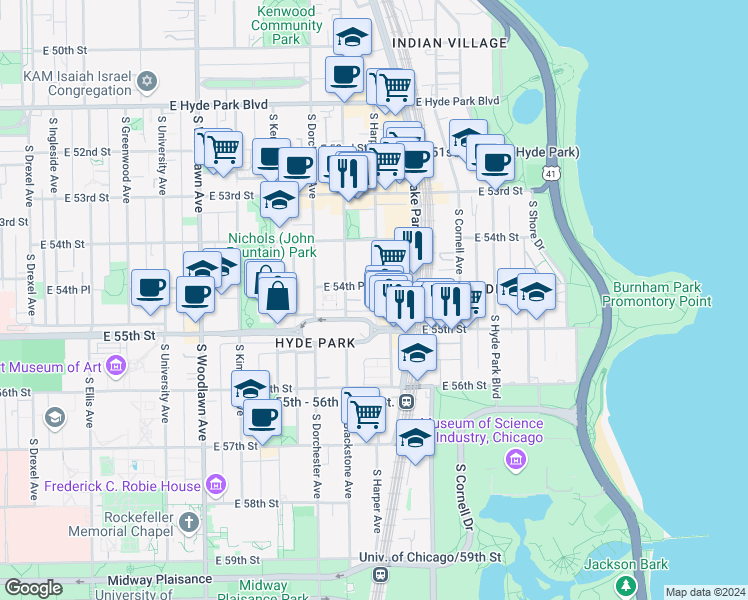 map of restaurants, bars, coffee shops, grocery stores, and more near 5464 South Harper Avenue in Chicago
