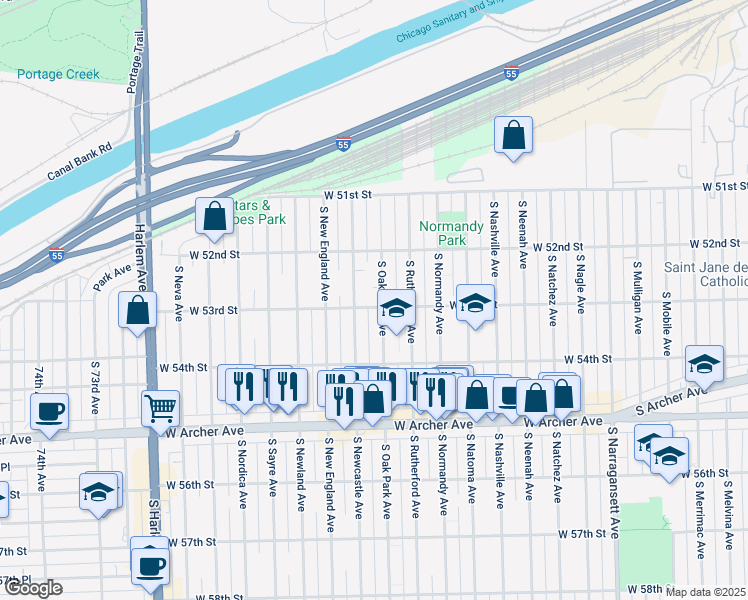 map of restaurants, bars, coffee shops, grocery stores, and more near 5258 South Oak Park Avenue in Chicago