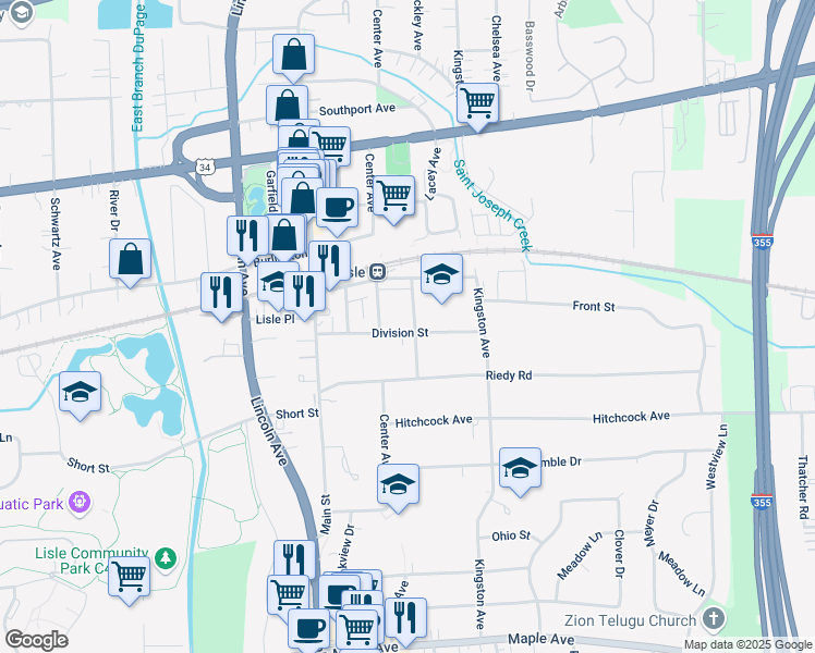 map of restaurants, bars, coffee shops, grocery stores, and more near 930 Division Street in Lisle