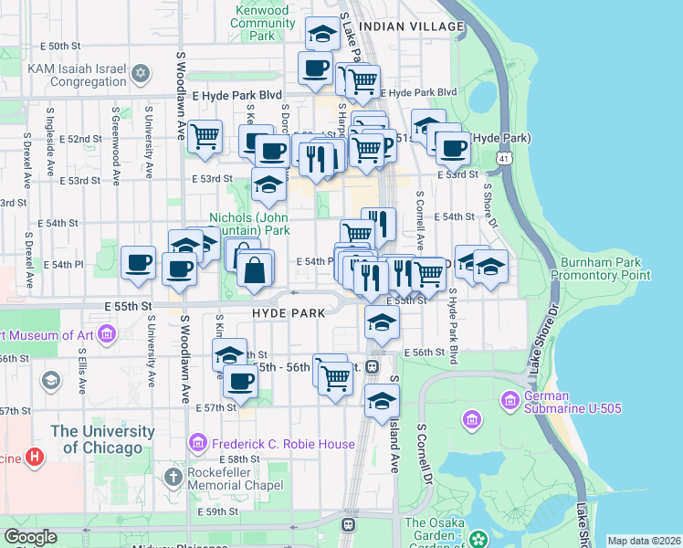 map of restaurants, bars, coffee shops, grocery stores, and more near 5464 South Harper Avenue in Chicago