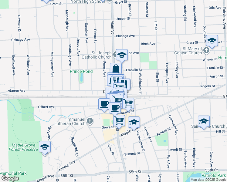 map of restaurants, bars, coffee shops, grocery stores, and more near 5002 Main Street in Downers Grove