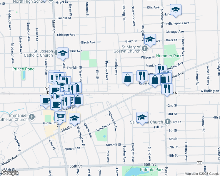 map of restaurants, bars, coffee shops, grocery stores, and more near 703 Rogers Street in Downers Grove