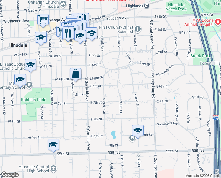 map of restaurants, bars, coffee shops, grocery stores, and more near 218 East 6th Street in Hinsdale