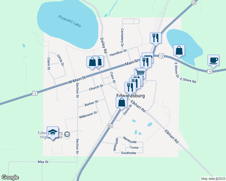 map of restaurants, bars, coffee shops, grocery stores, and more near 69012 Elkhart Road in Edwardsburg