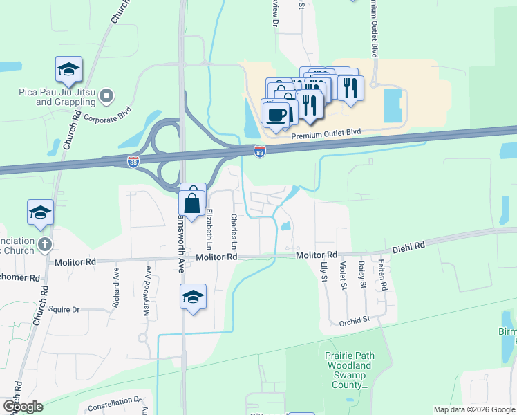 map of restaurants, bars, coffee shops, grocery stores, and more near 1962 Tall Oaks Drive in Aurora