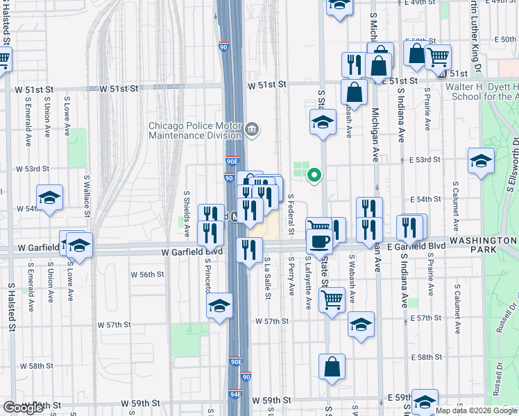map of restaurants, bars, coffee shops, grocery stores, and more near 5341-5399 South Wentworth Avenue in Chicago