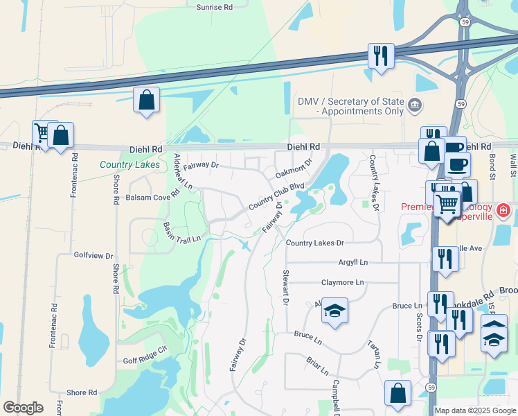 map of restaurants, bars, coffee shops, grocery stores, and more near 1511 Tail Leaf Court in Naperville