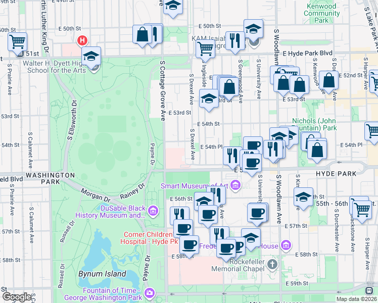 map of restaurants, bars, coffee shops, grocery stores, and more near 5426 South Drexel Avenue in Chicago