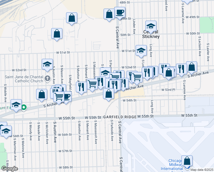 map of restaurants, bars, coffee shops, grocery stores, and more near 5307 South Parkside Avenue in Chicago