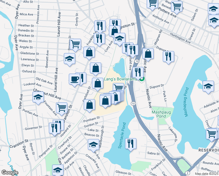 map of restaurants, bars, coffee shops, grocery stores, and more near 247 Garfield Avenue in Cranston