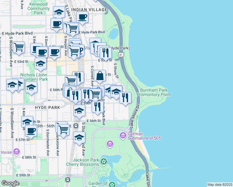 map of restaurants, bars, coffee shops, grocery stores, and more near 5469 South Everett Avenue in Chicago