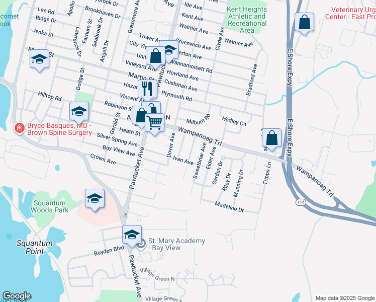 map of restaurants, bars, coffee shops, grocery stores, and more near 60 Buckthorne Avenue in East Providence