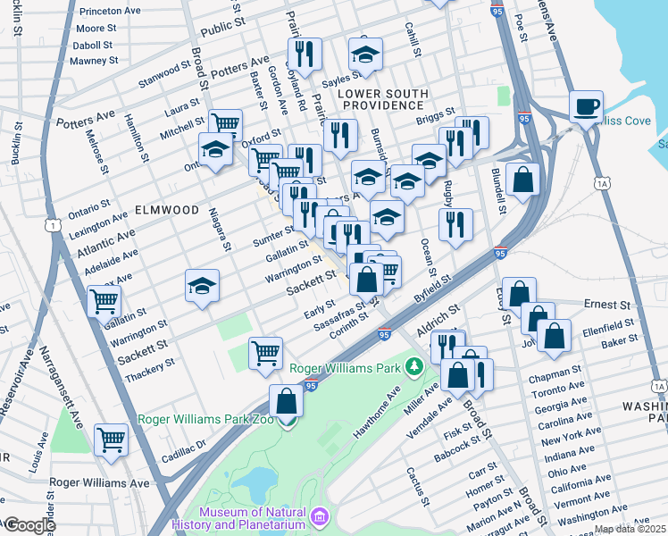 map of restaurants, bars, coffee shops, grocery stores, and more near in Providence