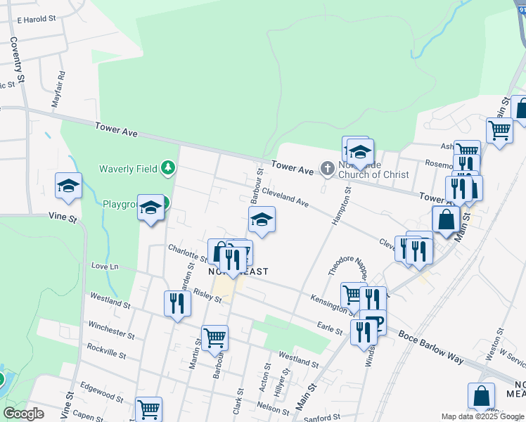 map of restaurants, bars, coffee shops, grocery stores, and more near 201 Cleveland Avenue in Hartford