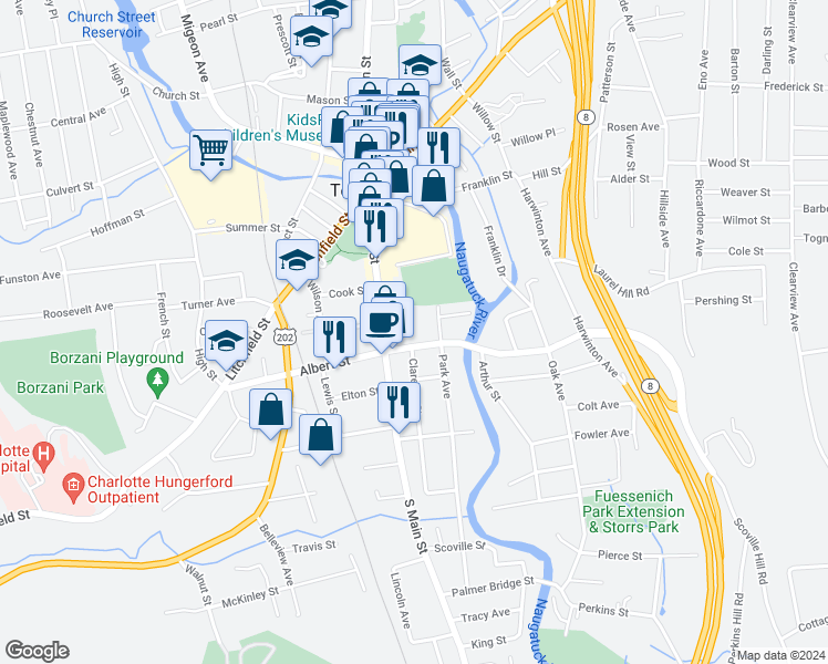 map of restaurants, bars, coffee shops, grocery stores, and more near 49 East Albert Street in Torrington