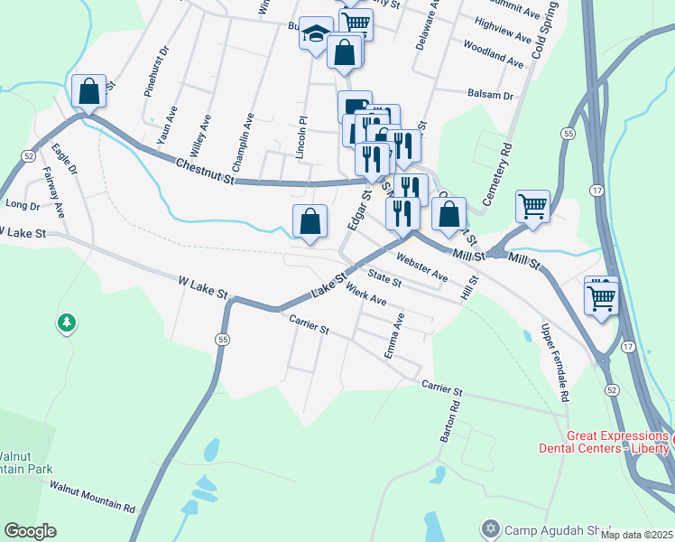 map of restaurants, bars, coffee shops, grocery stores, and more near 75 Lake Street in Liberty