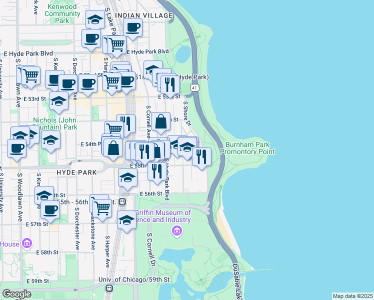 map of restaurants, bars, coffee shops, grocery stores, and more near 5469 South Everett Avenue in Chicago