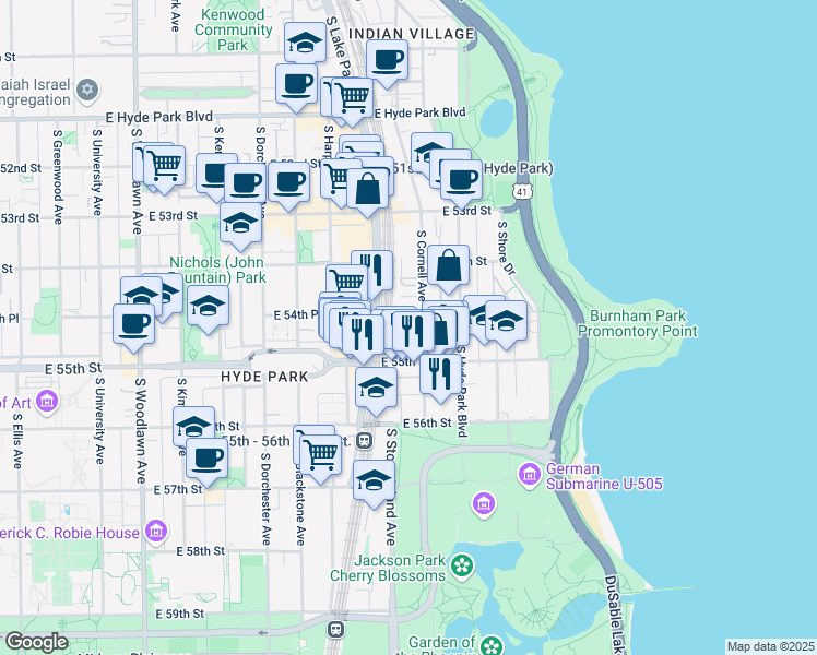 map of restaurants, bars, coffee shops, grocery stores, and more near 5480 South Cornell Avenue in Chicago