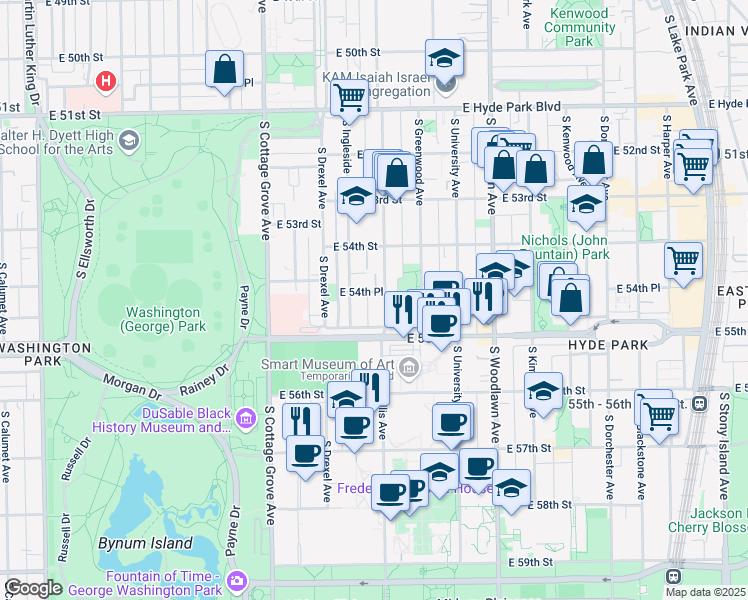 map of restaurants, bars, coffee shops, grocery stores, and more near 5464 South Ellis Avenue in Chicago