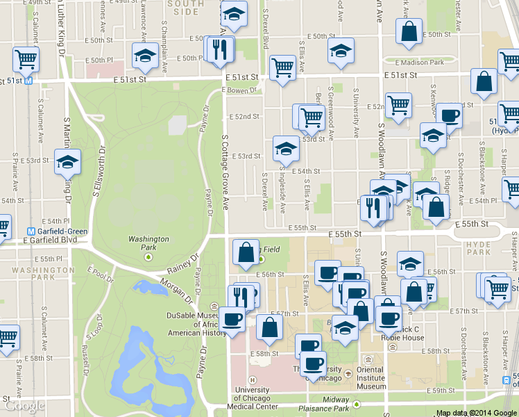map of restaurants, bars, coffee shops, grocery stores, and more near 5426 South Drexel Avenue in Chicago