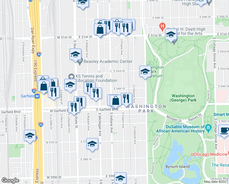 map of restaurants, bars, coffee shops, grocery stores, and more near 5412 South Indiana Avenue in Chicago