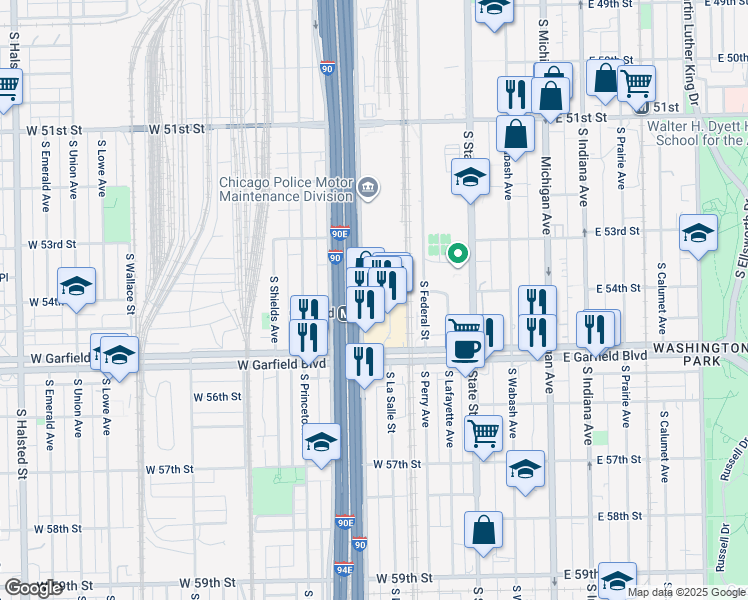 map of restaurants, bars, coffee shops, grocery stores, and more near 5341-5399 South Wentworth Avenue in Chicago
