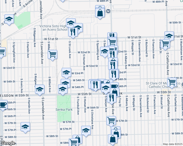 map of restaurants, bars, coffee shops, grocery stores, and more near 5333 South Homan Avenue in Chicago