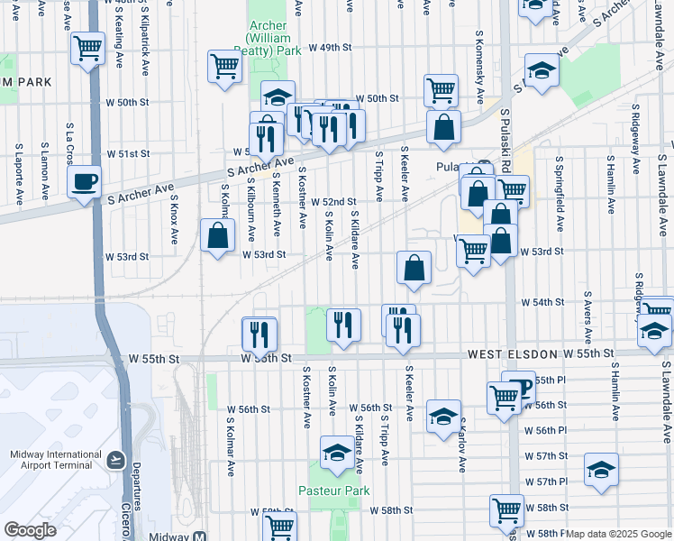 map of restaurants, bars, coffee shops, grocery stores, and more near 5322 South Kolin Avenue in Chicago