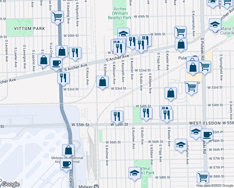 map of restaurants, bars, coffee shops, grocery stores, and more near 5341 South Kilbourn Avenue in Chicago