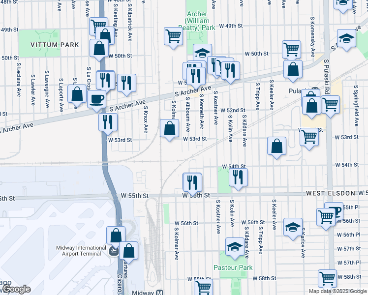 map of restaurants, bars, coffee shops, grocery stores, and more near 5324 South Kilbourn Avenue in Chicago
