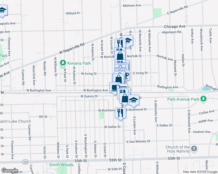 map of restaurants, bars, coffee shops, grocery stores, and more near 5 North Grant Street in Westmont